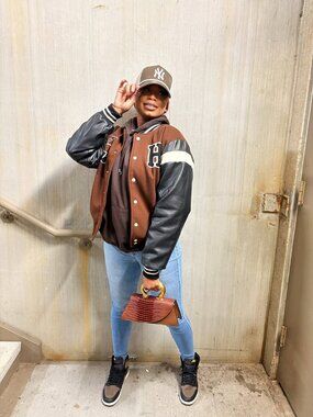 Brown Varsity Jacket Size S | Faux Leather Sleeve Letterman Coat